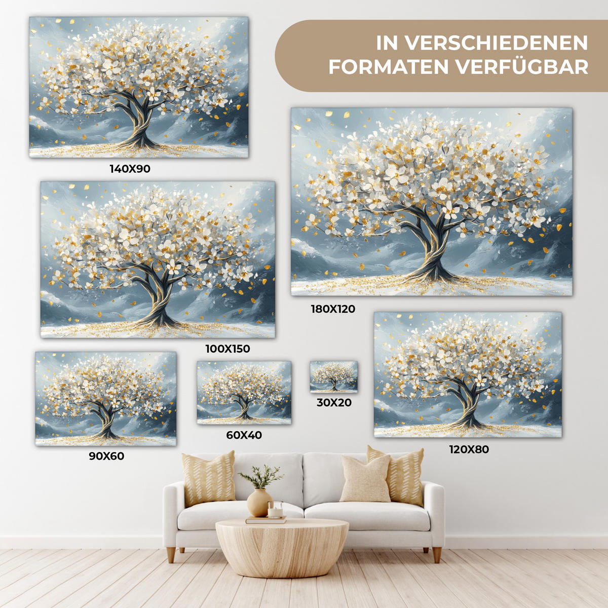LEINWANDBILD Baum - Winter - Baum des Lebens - Modern - Gold Groß 140x90 cm - Goldfarben, Textil (140/90cm) - MuchoWow