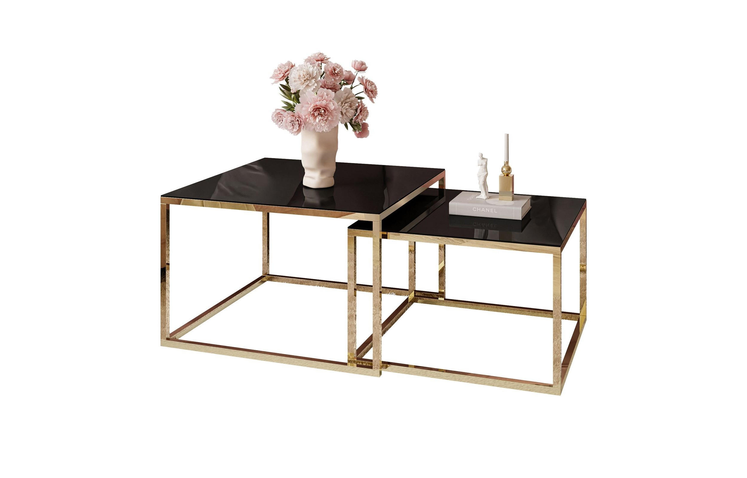 COUCHTISCH YOSHI 2in1 70/70/41 cm Gold chrom / Schwarzes Glas - Schwarz, Glas/Metall (70/70/41cm) - Lookway