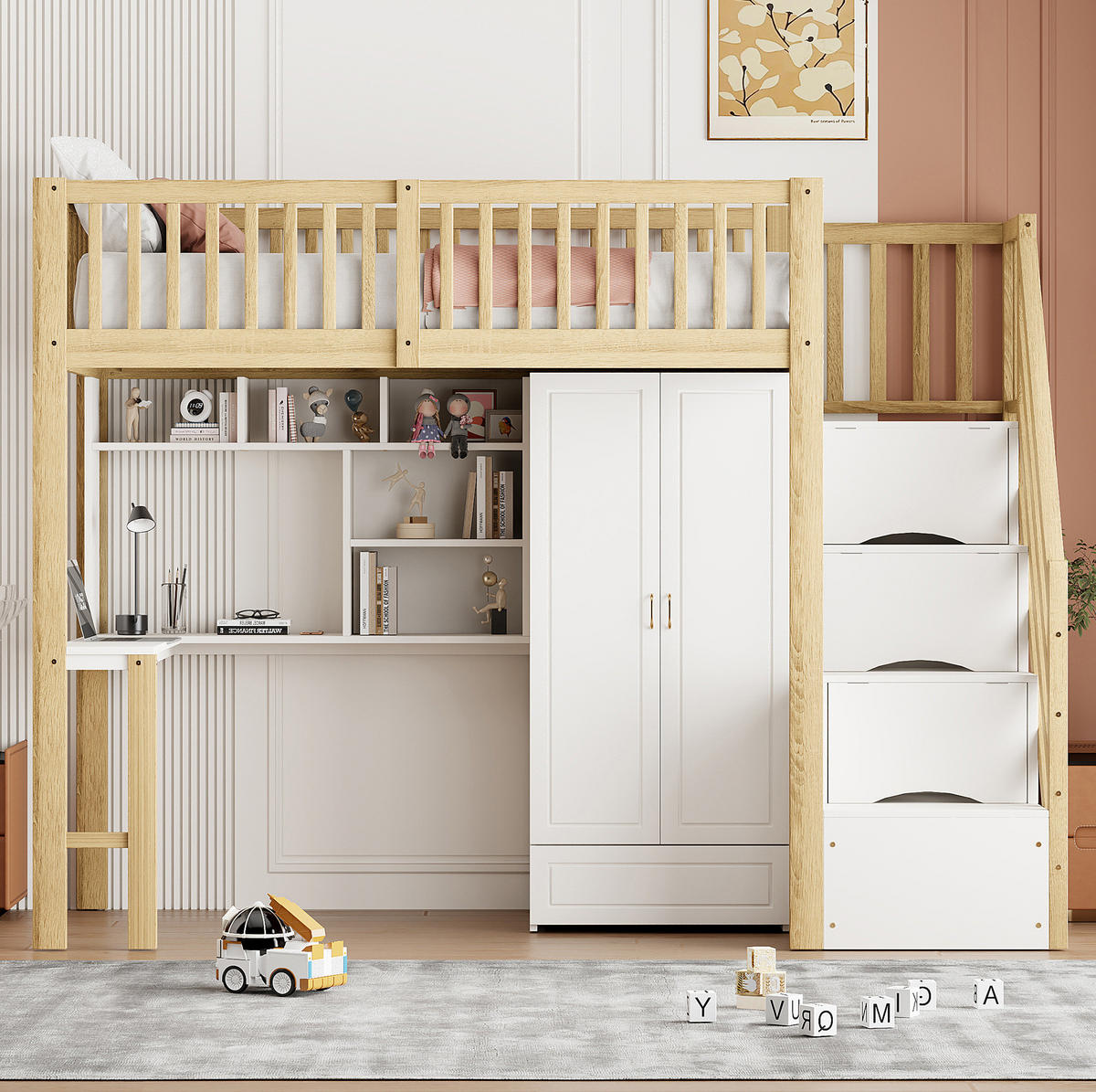 HOCHBETT 90x200 cm Weiß/Naturholz mit Kleiderschrank, Tisch, Regal und Treppe mit Schubladen - Naturfarben, Holzwerkstoff (90/200cm) - Modfu
