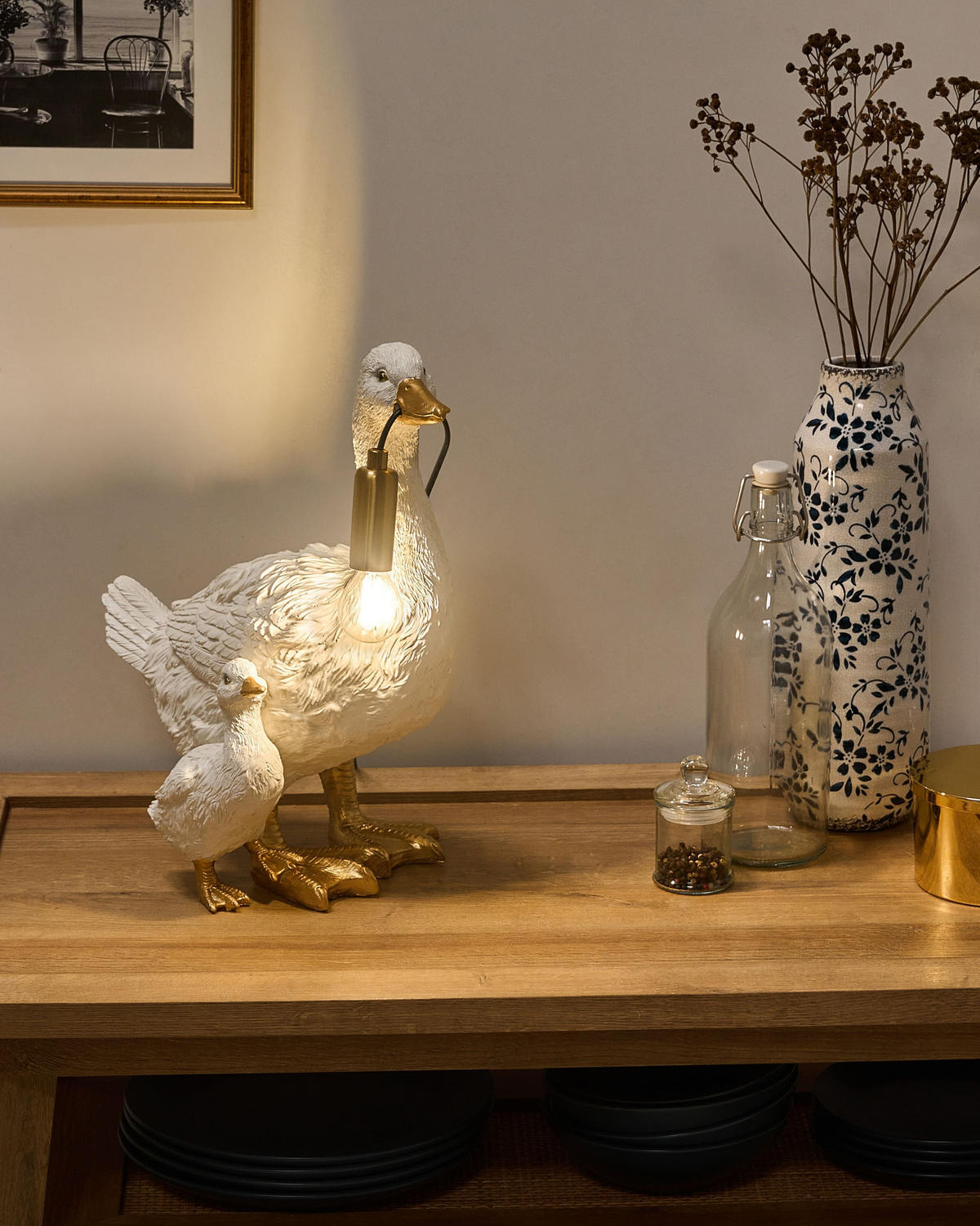 TISCHLAMPE Ente Weiß Daffy - Messingfarben/Goldfarben, Kunststoff (33/21/40cm) - Beliani