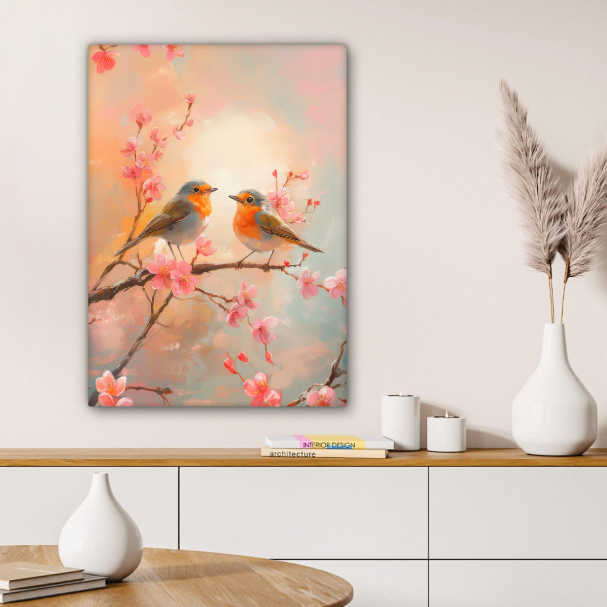 LEINWANDBILD Rotkehlchen - Zierpflanze - Blütenzweig Wandbild Wohnzimmer 60x80 cm - Hellrosa, Textil (60/80cm) - MuchoWow