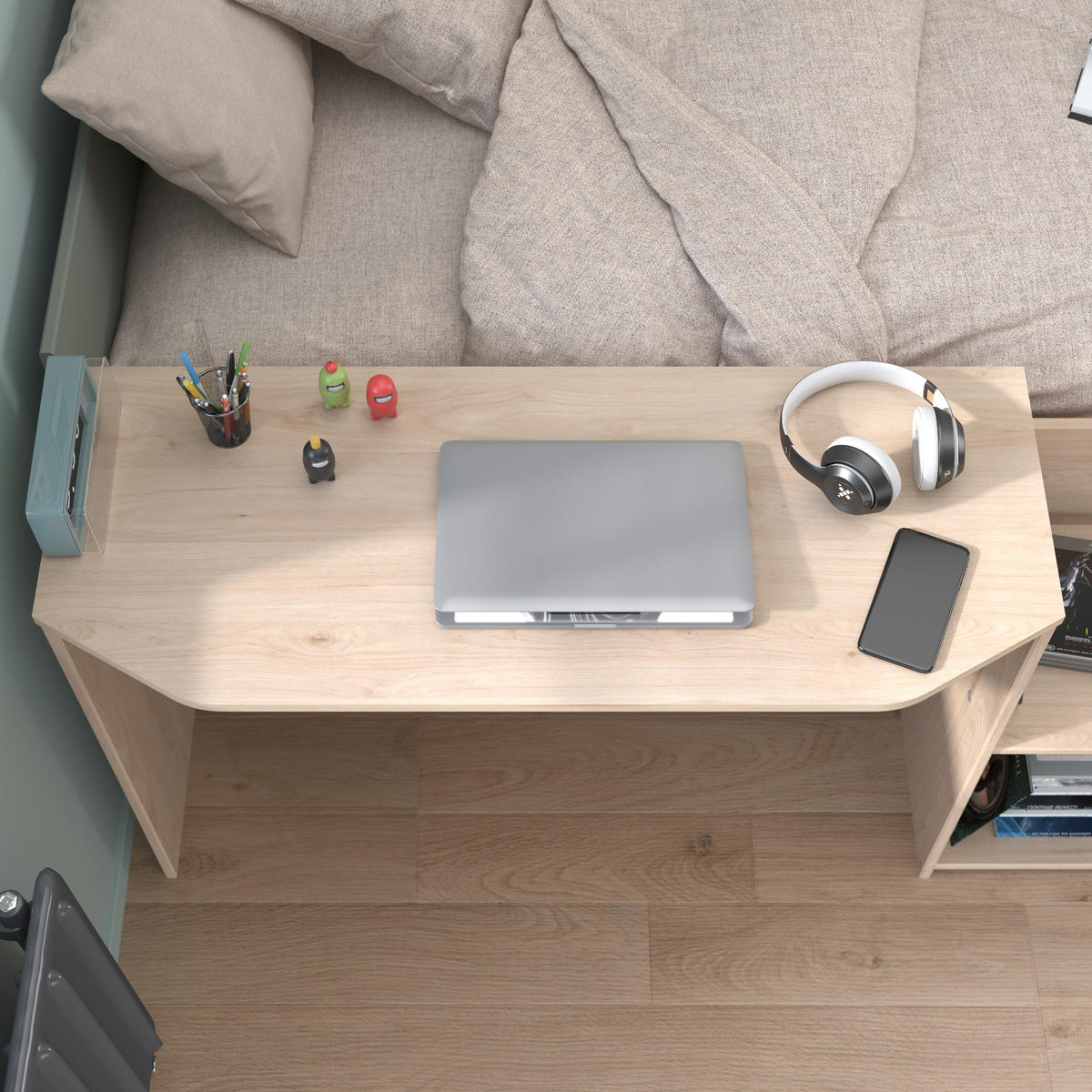 KINDERZIMMER Eiche, grün 2-teilig, Jugendzimmer-Set mit Stauraumbett und Kleiderschrank - Eichefarben/Silberfarben, Holzwerkstoff/Kunststoff (203/79/136cm) - Parisot Meuble