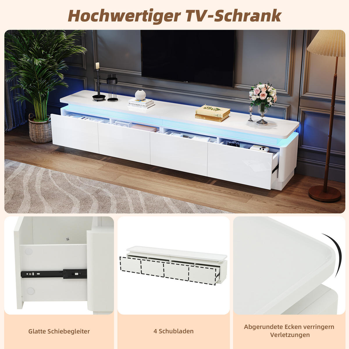 TV-LOWBOARD 180x34x40 cm Weiß LED 4 Schubladen Hochglanz - Weiß, Holzwerkstoff (34/40/180cm) - FLIEKS