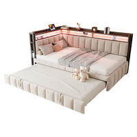 BETT mit Ausziehbett 90/200cm und LED-Beleuchtung in Beige Samt - Beige, Textil (90/200cm) - OKWISH
