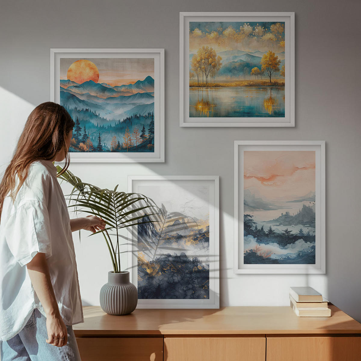 BILDER SET 4er Set - 50x50 cm & 40x60 cm Weißer Rahmen - Gemalte Abstraktionen der Natur - Weiß, Kunststoff (50/50cm) - TULUP