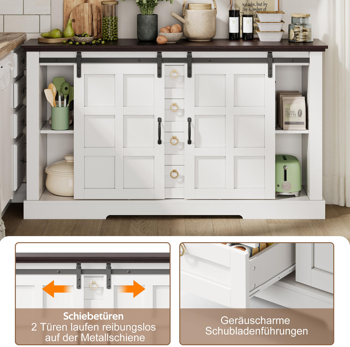 SIDEBOARD 150/40/85 cm mit Schiebetüren, 4 Schubladen und verstellbaren Einlegeböden, Weiß - Weiß, Holzwerkstoff (150/85/40cm) - Redom