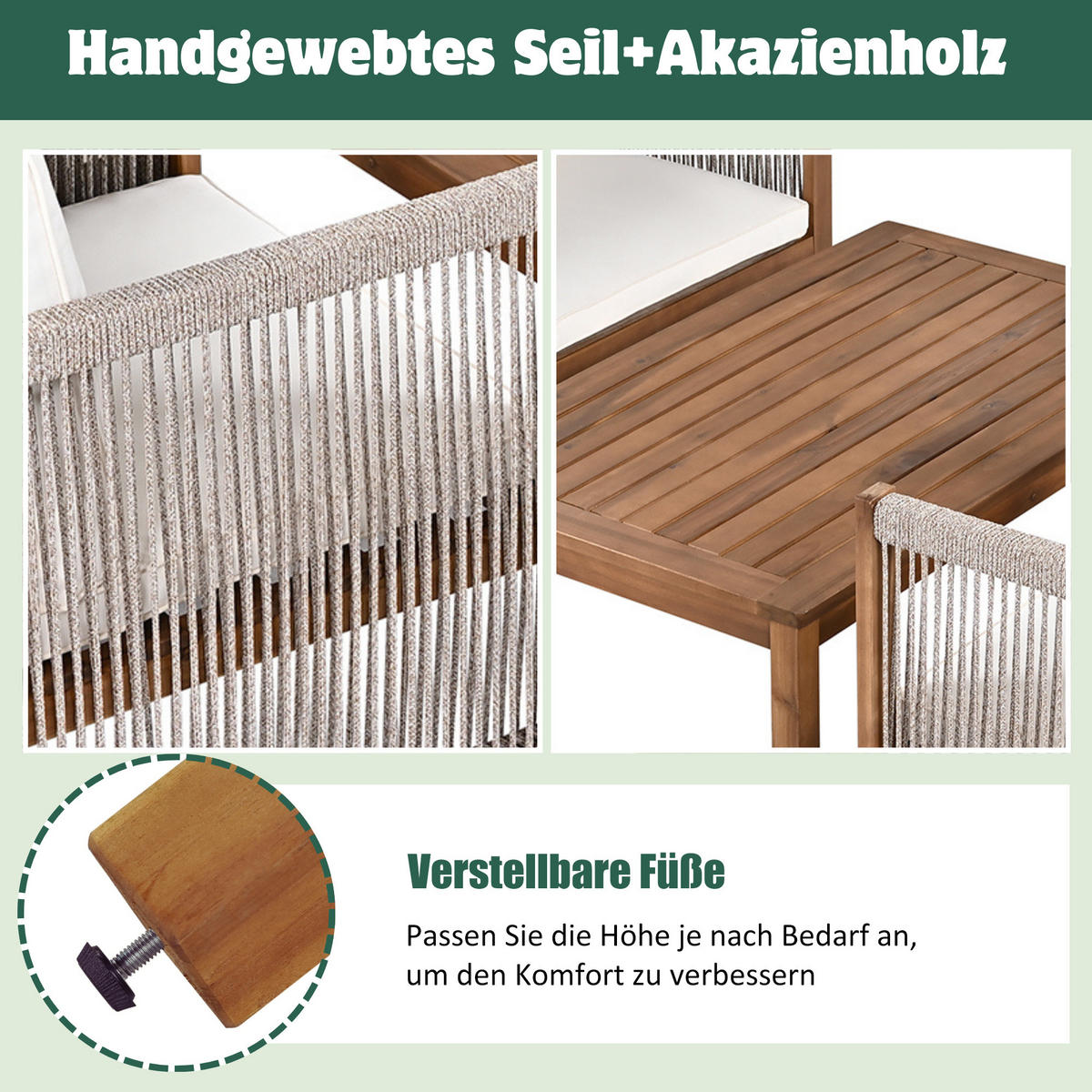 GARTENLOUNGE-SET BEIGE mit Doppelsofa 2 Sesseln Akazie Rattanoptik inkl. Kissen - Weiß, Textil - BLACKCUP