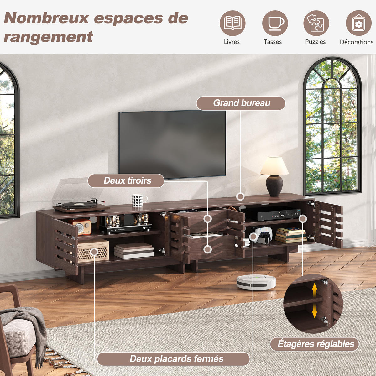 TV-ELEMENT200X39,5X55CM Walnussfarben für 80-Zoll-Fernseher mit Holzlamellen - Walnussfarben, Holz (46/19/113cm) - Raelunyi