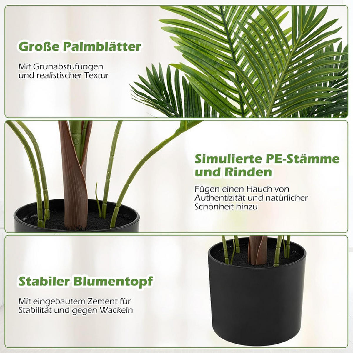 KÜNSTLICHE ARECA-PALME im Topf grün(2er-Set) - Grün, Kunststoff (90cm) - COSTWAY