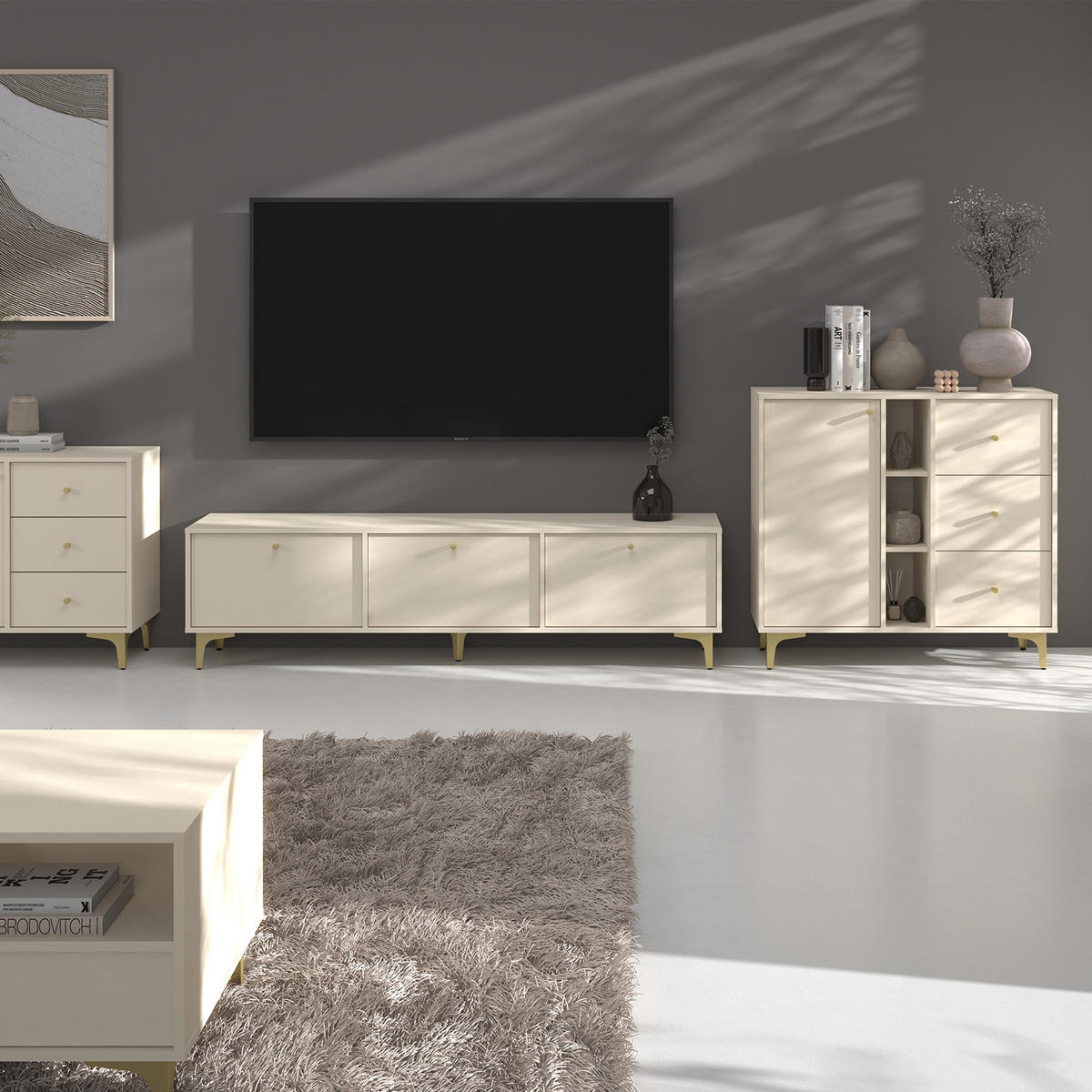 KOMMODE FLOREN, Creme/Gold - Creme, Holzwerkstoff/Metall (100.2/93.5/40.8cm) - KONSIMO®