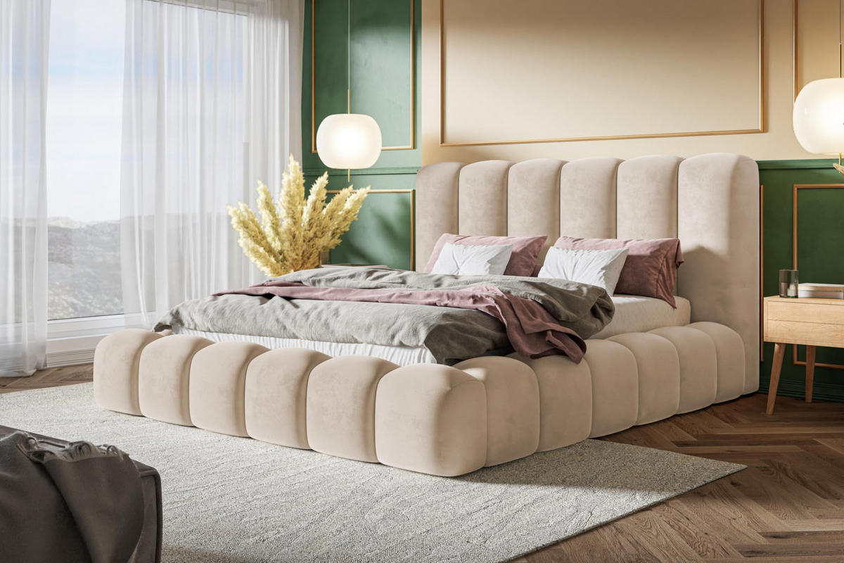 BETT 120x200 - Polsterbett mit Bettkasten und Metallrahmen - Modern Bett - Eleganter Amor-Velvet-Stoff - Kollektion Nora Maxi - Beige - Beige, Holz/Textil (120/200cm) - Alpi-Möbel