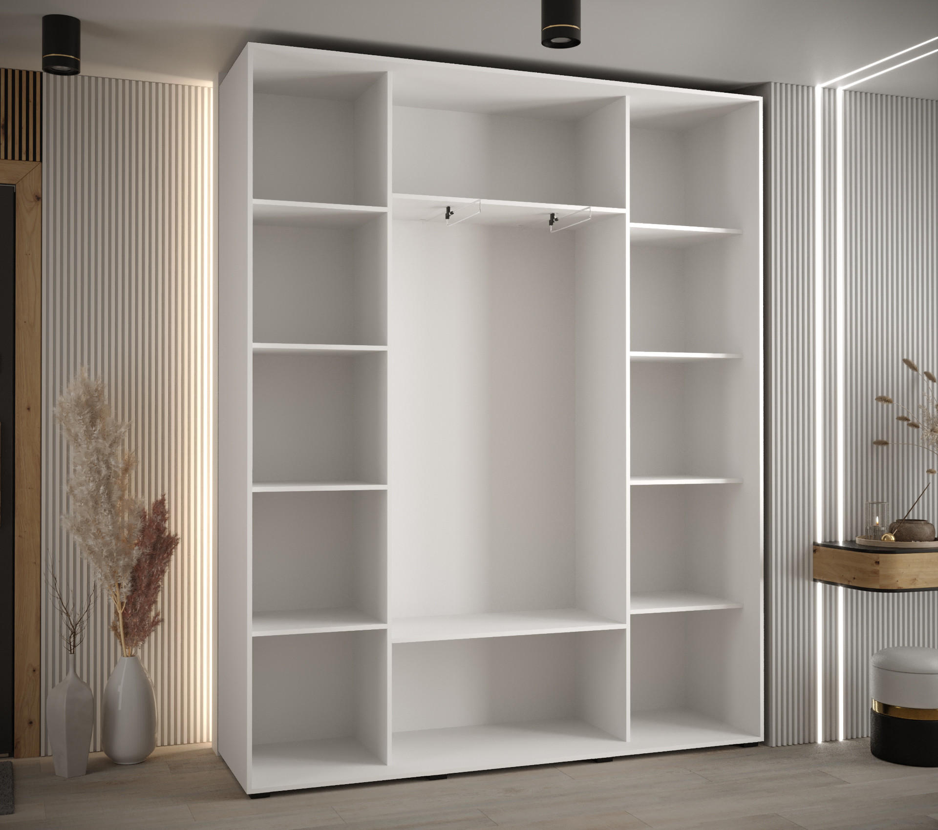 Thumbnail - Abiks Möbel Schwebetürenschrank, Weiß, Eiche Artisan, Silber, Metall, Nachbildung, 10 Fächer, 200x235x45 cm, Schlafzimme...