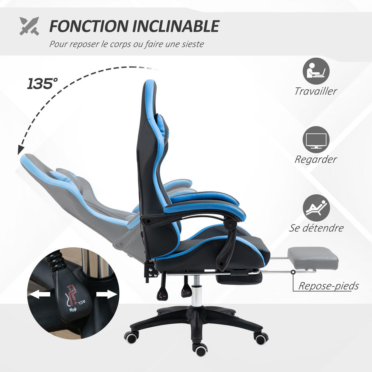 GAMINGSTUHL DE-11734 neigbar 135° mit Fußstütze Schwarz - Schwarz, Metall (65/129/65cm) - ComfortXL