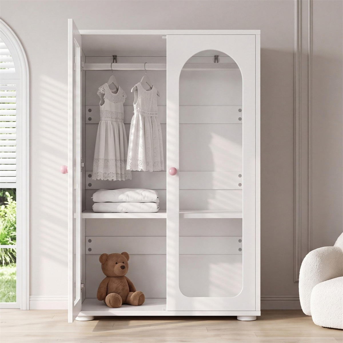 KLEIDERSCHRANK 80x50x120 cm mit 2 Acryl-Transparenttüren und Kleiderstange - Keramikgriffen - Weiß - Weiß, Holzwerkstoff (50/120/80cm) - DELFA