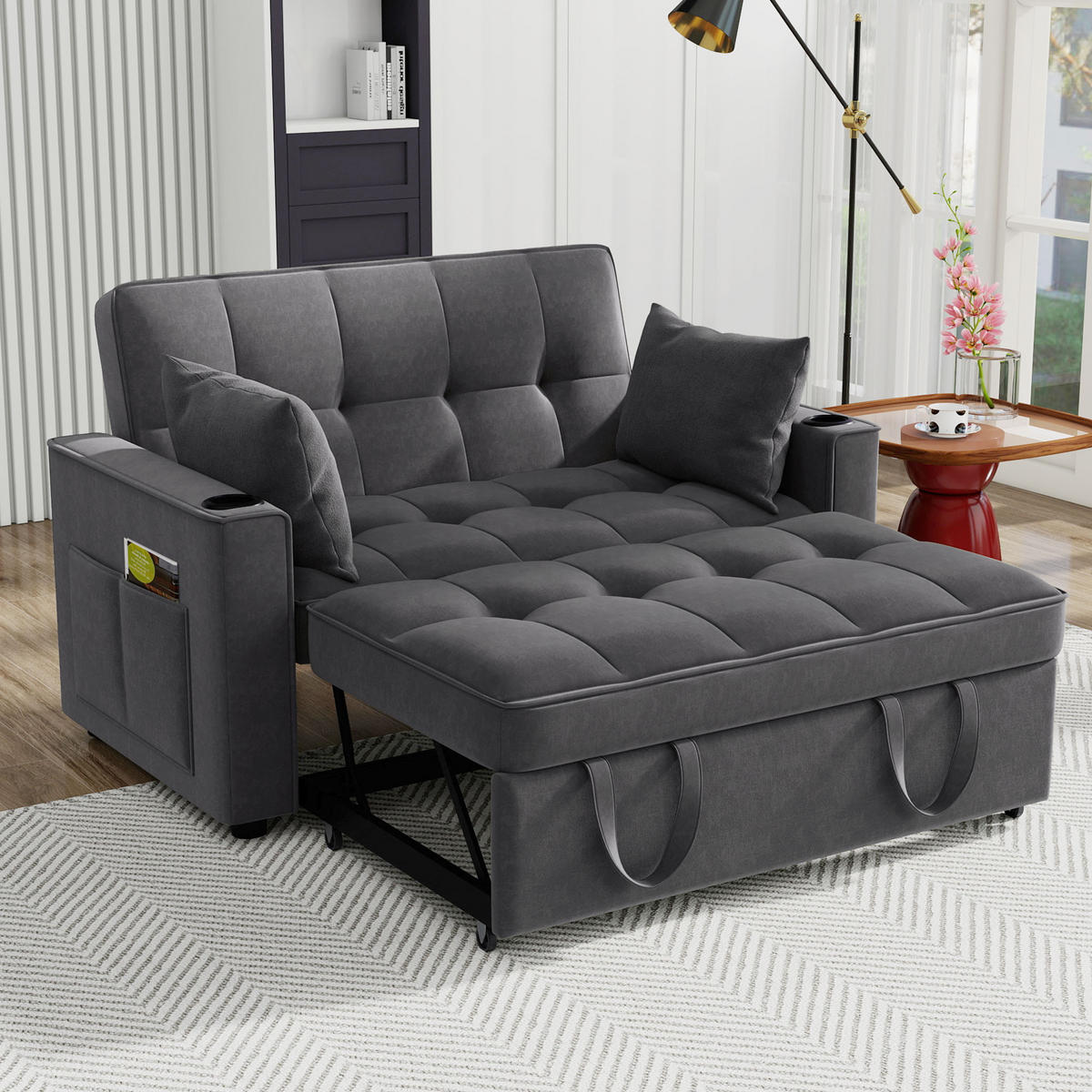 SCHLAFSOFA Samt mit Schlaffunktion und Getränkehaltern Grau 137/76,5/83 cm - Grau, Textil (83/137/76.5cm) - Redom