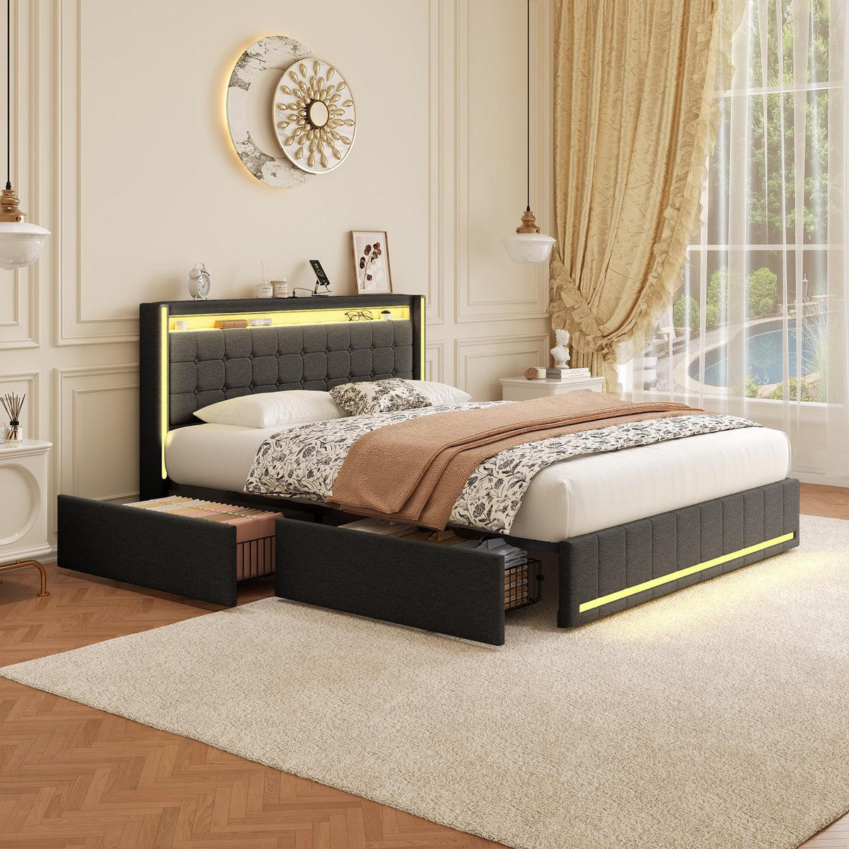 POLSTERBETT 160x200 cm Lumina Smart mit 3-Zonen RGB-LED, USB & USB-C, 4 Schubladen, Leinen-Optik, Dunkelgrau - Grau, Textil (160/200cm) - DELFA