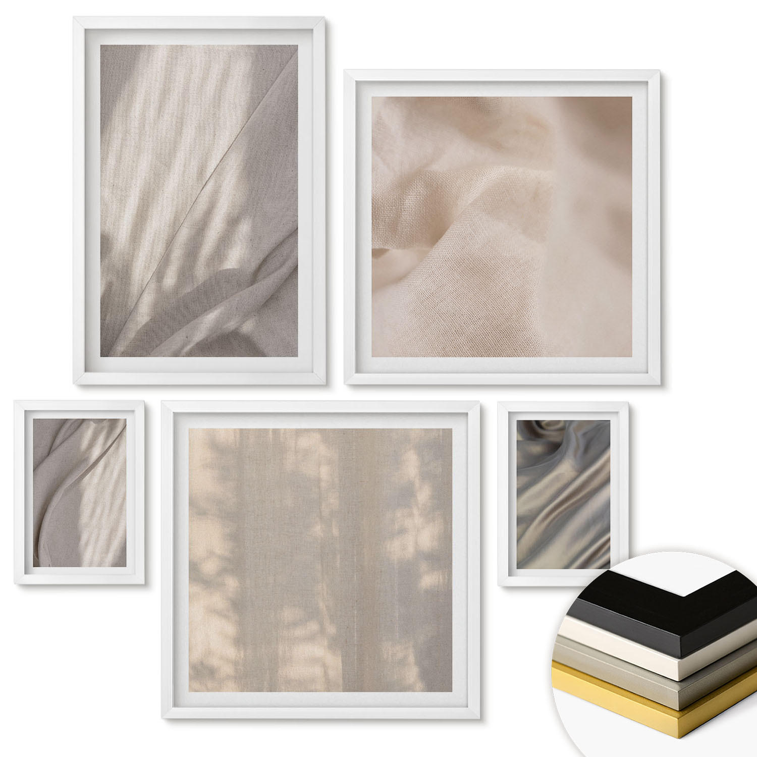 WANDBILDER 5er-Set - 50x50 cm & 20x30 cm & 40x60 cm Weißer Rahmen - Nahaufnahme von natürlichen Boho-Stoffen - Weiß, Kunststoff (40/60cm) - ArtPrintCave