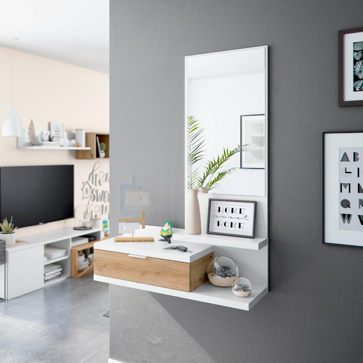 HÄNGEKONSOLE mit 1 schublade und 1 spiegel - dhalia 81/29/116 cm - Weiß, Holzwerkstoff (46.7/29/116cm) - Calicosy