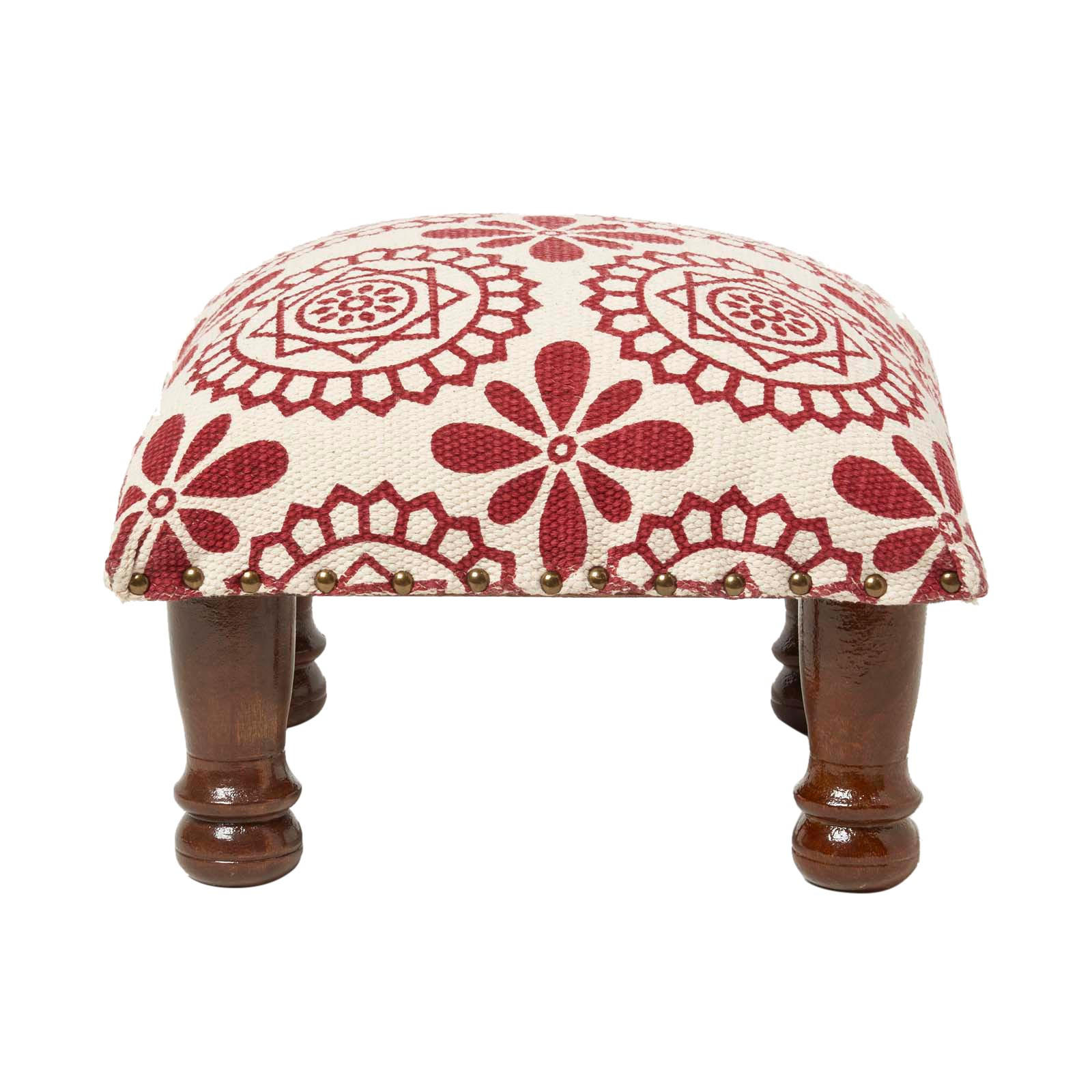 HOCKER Cassia mit Holzbeinen, rot-weiß gemustert, 40/40/25 cm - Rot, Textil (40/25/40cm) - Homescapes