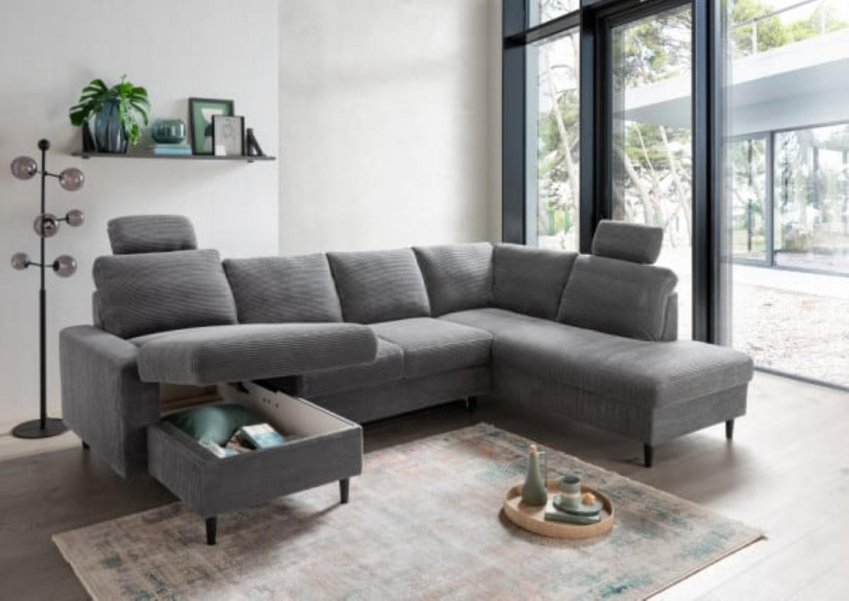 WOHNLANDSCHAFT mit Schlaffunktion und Bettkasten - Schwarz/Grau, Textil (200/88/305cm) - myHomelando