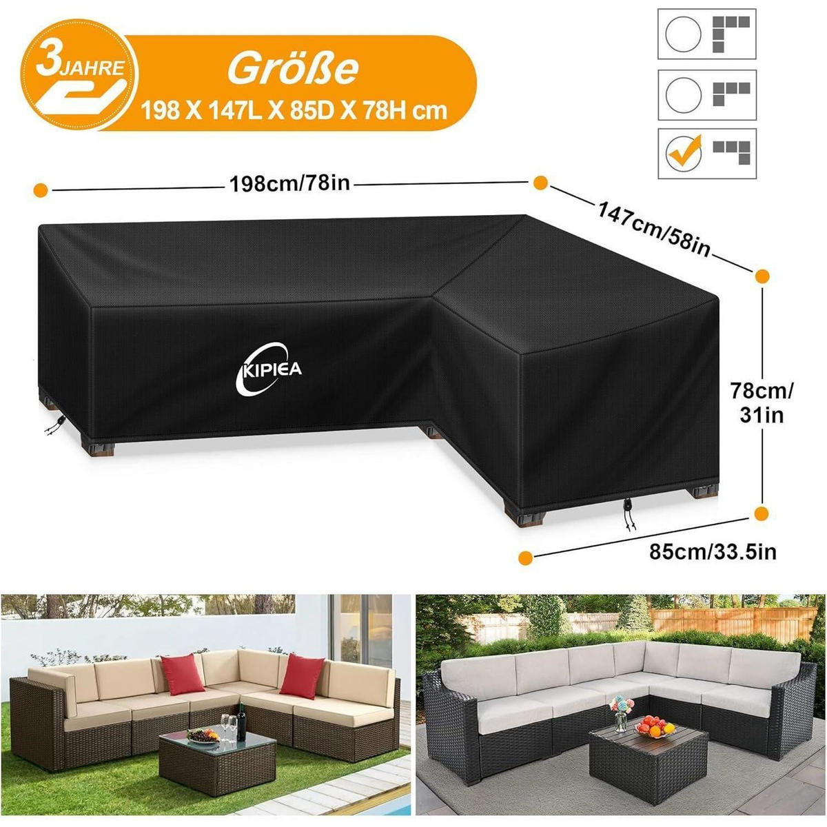 ABDECKUNG Loungemöbel L-Form Wasserdicht 198 x 147 x 85 cm - Schwarz, Kunststoff (147/85/198cm)