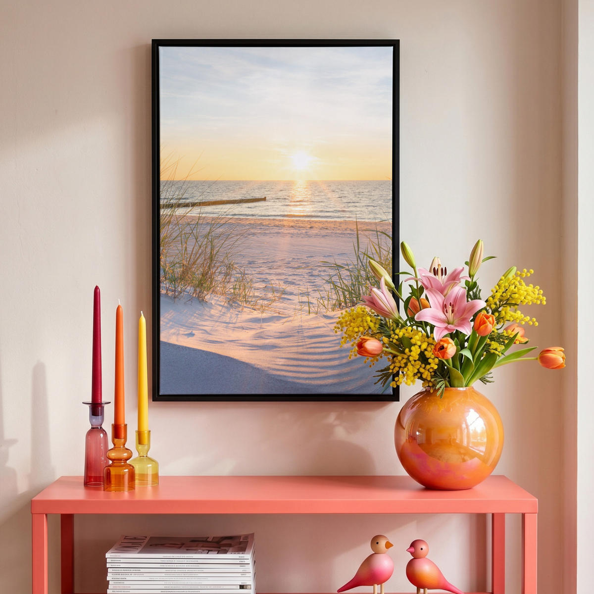 LEINWAND Bilder mit Rahmen - Strand - Sonne - Düne - Gras - Sand - Horizont - 40x60 - Hellblau, Textil (40/60cm) - MuchoWow