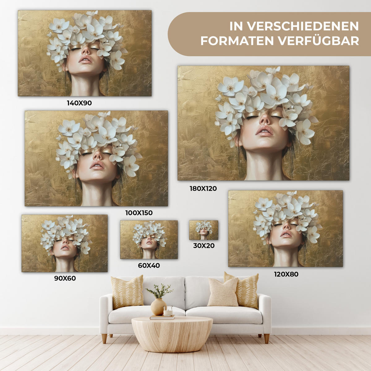 LEINWANDBILD Gesicht - Blumen - Gold - Abstrakt Wohnzimmer Groß 120x80 cm - Goldfarben, Textil (120/80cm) - MuchoWow