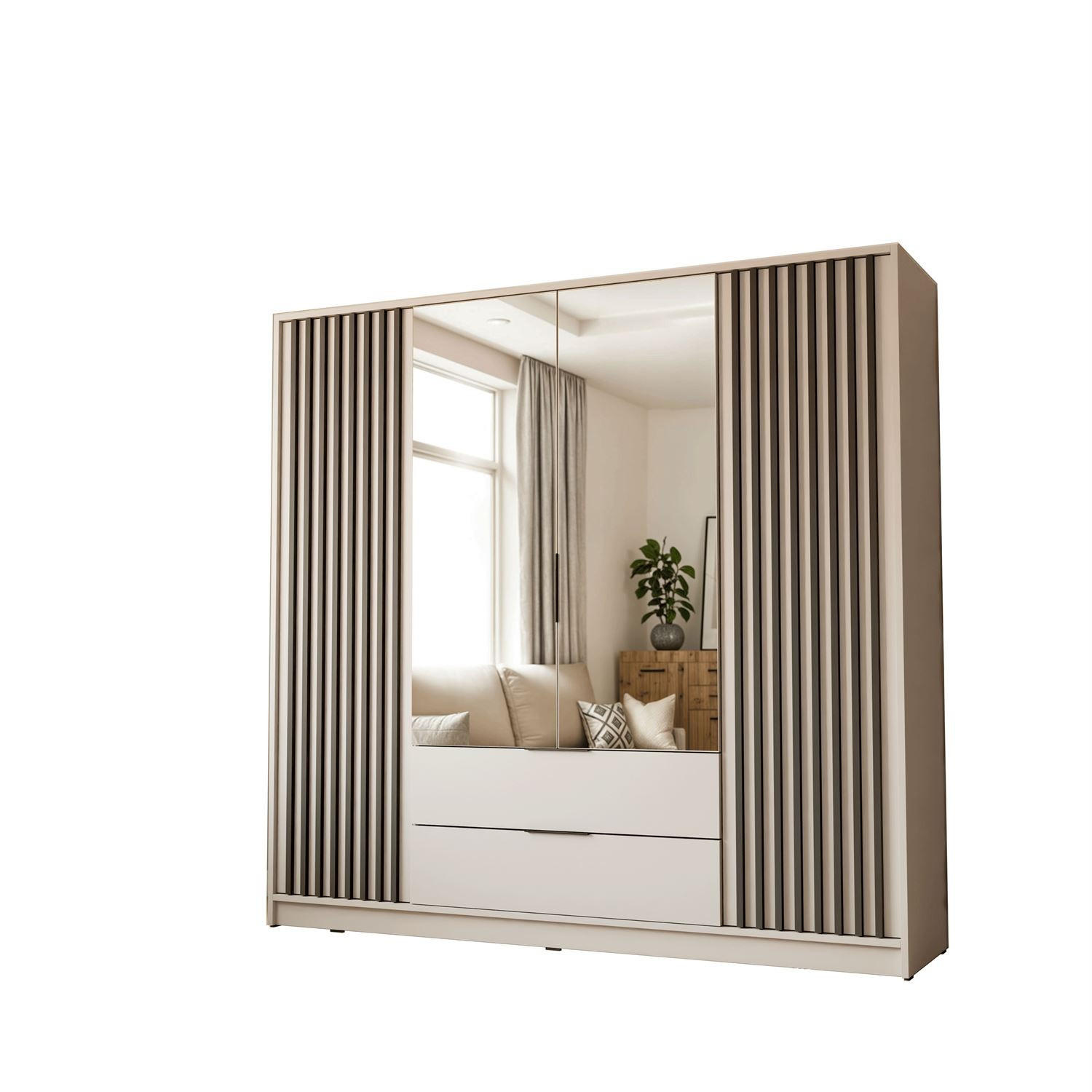 KLEIDERSCHRANK NELA, viertürig mit Lamellen und Spiegel, 206 cm. Kaschmir/Schwarz - Kaschmir, Holzwerkstoff (206/200/51cm) - Lookway