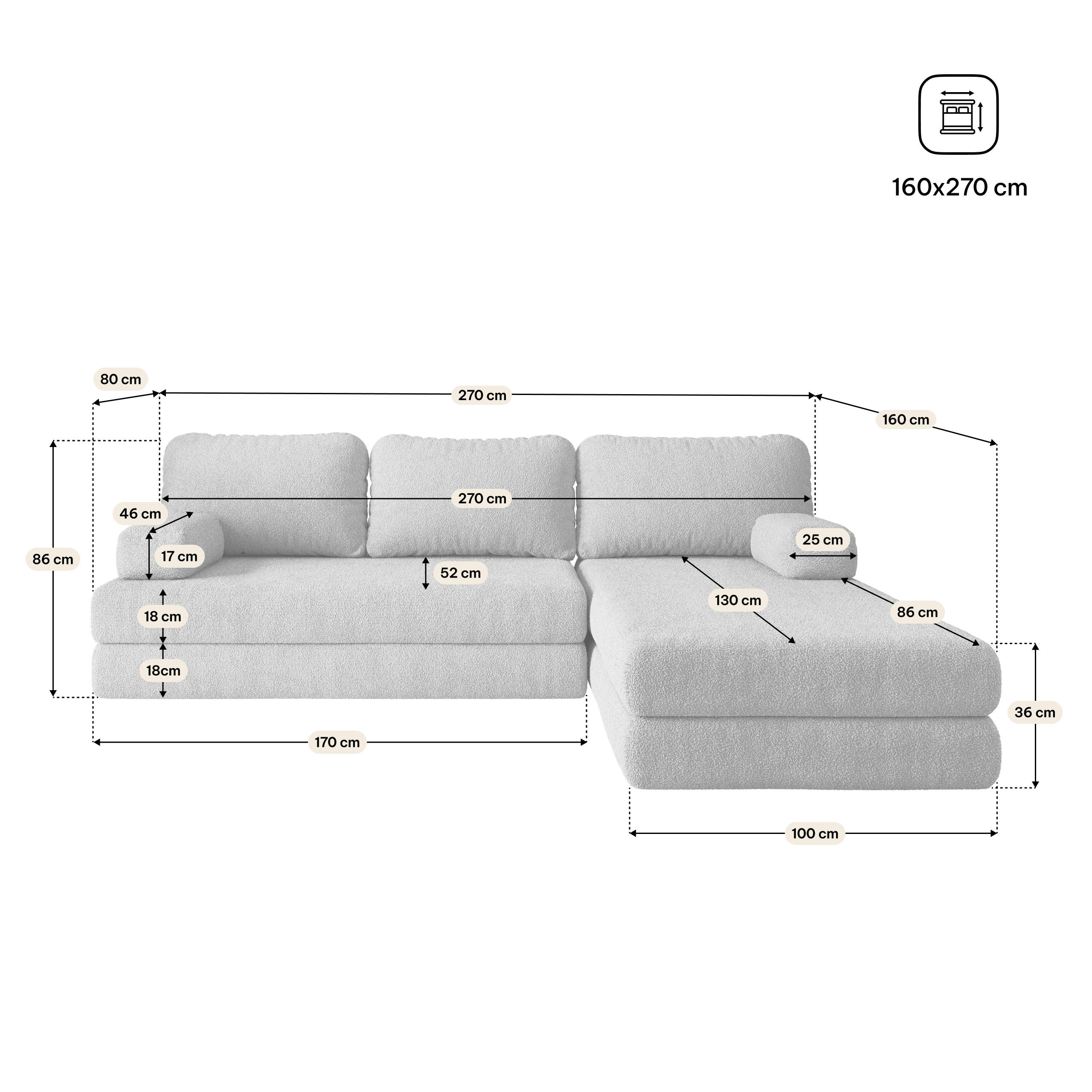 Masseno Ecksofa Hellgrau 270x160 cm