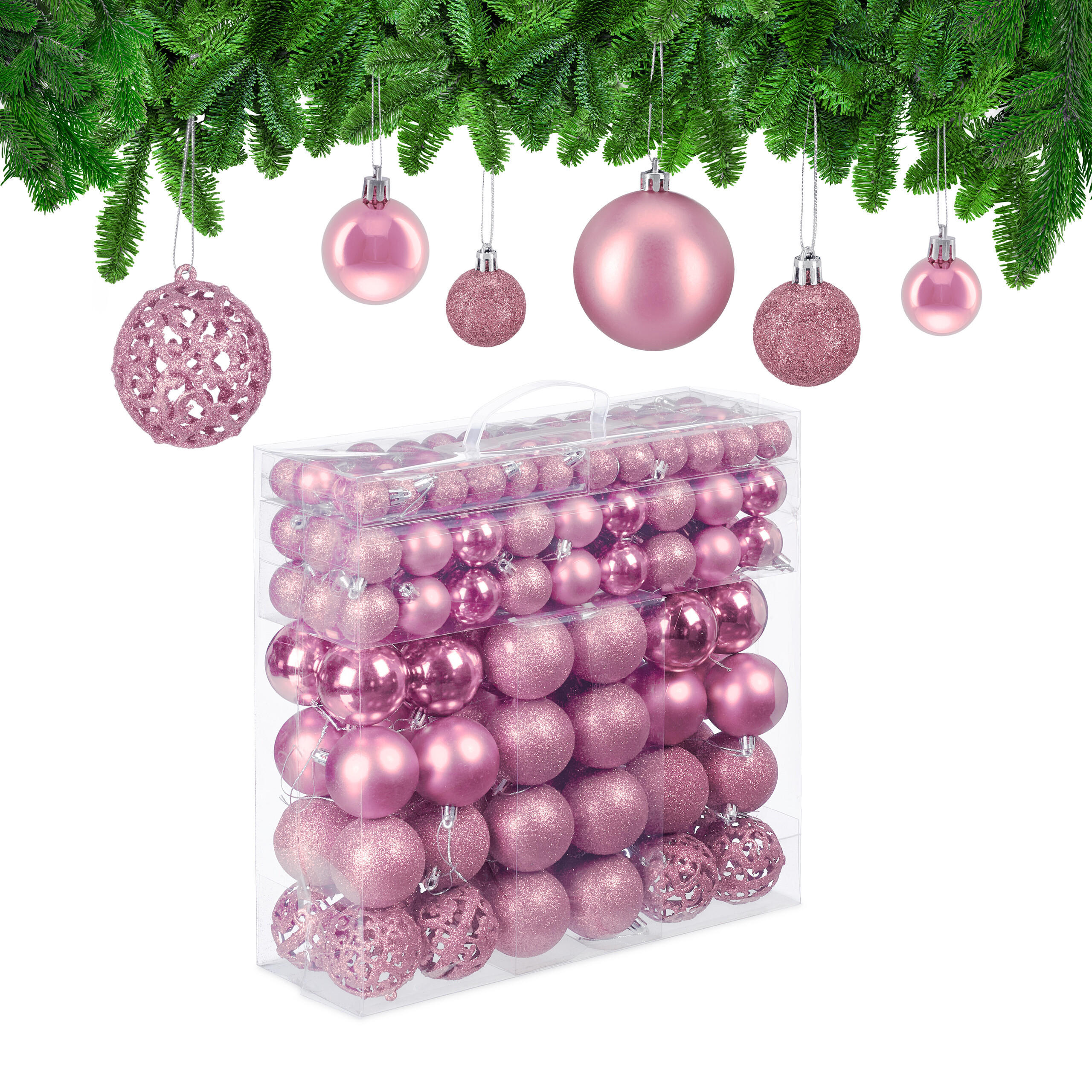 150-TLG.WEIHNACHTSKUGELN-SET - Rosa, Kunststoff (6/7/6cm) - Relaxdays