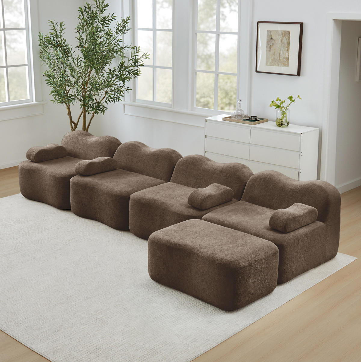 ECKSOFA 384/167/70m 4-Sitzer braun aus Samt modular mit Ottoman - Braun, Textil (167/384cm) - OKWISH
