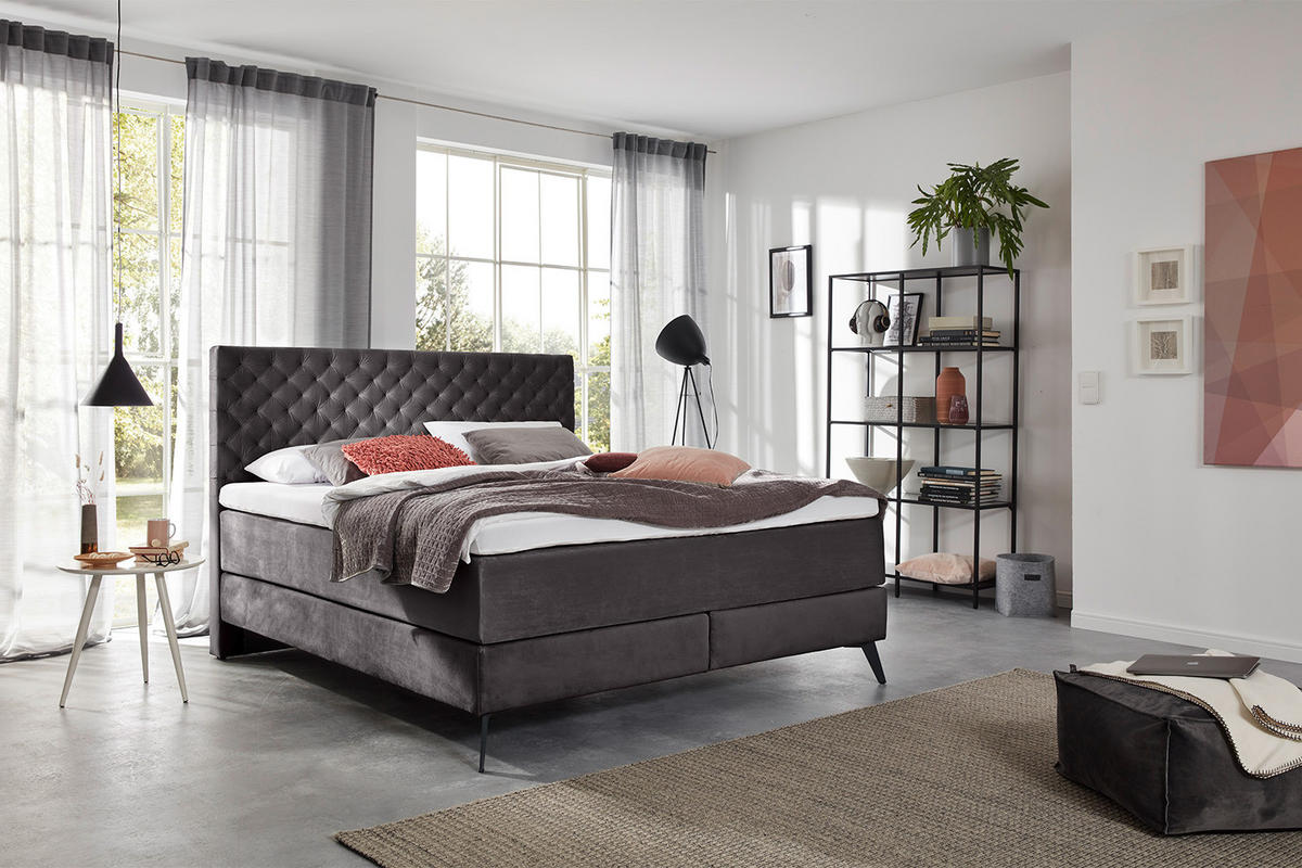 BOXSPRINGBETT SINDAR Anthrazit Webstoff - Anthrazit/Schwarz, Textil (160/200cm) - KAWOLA