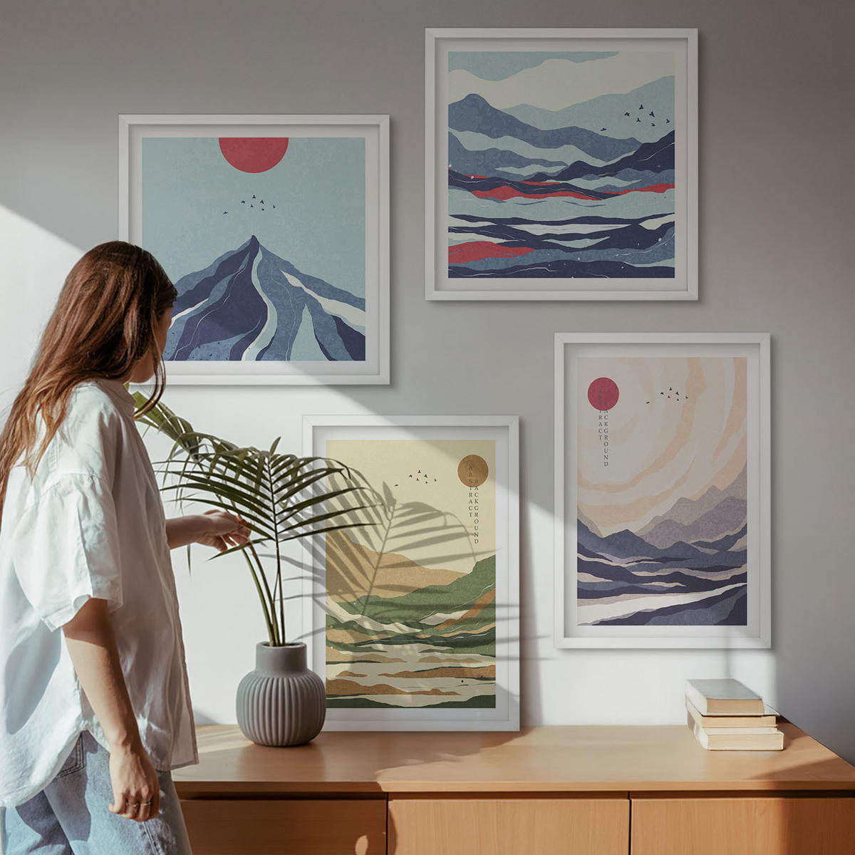 WANDBILDER 4er-Set - 50x50 cm & 40x60 cm Weißer Rahmen - Pastellfarbene Berge im Japandi-Stil - Weiß, Kunststoff (50/50cm) - ArtPrintCave