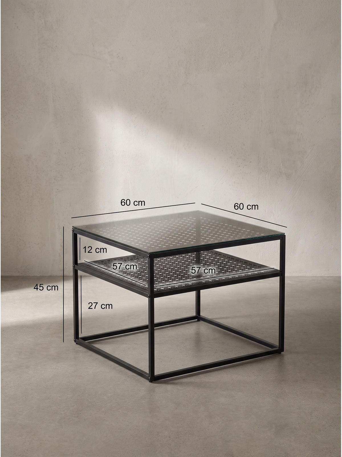 COUCHTISCH ALCUDIA, Einscheibensicherheitsglas, Schwarz, 60 x 60 x 45 cm - Schwarz, Glas/Metall (60/60/45cm) - KADIMA DESIGN