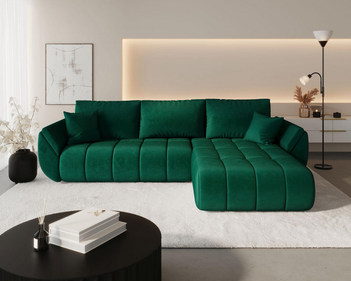 ECKSOFA SYDNEY PREMIUM rechts grün Velours Monolith 37 - Schlaffunktion, Bettkasten - Grün, Textil (280/185cm) - Cornero