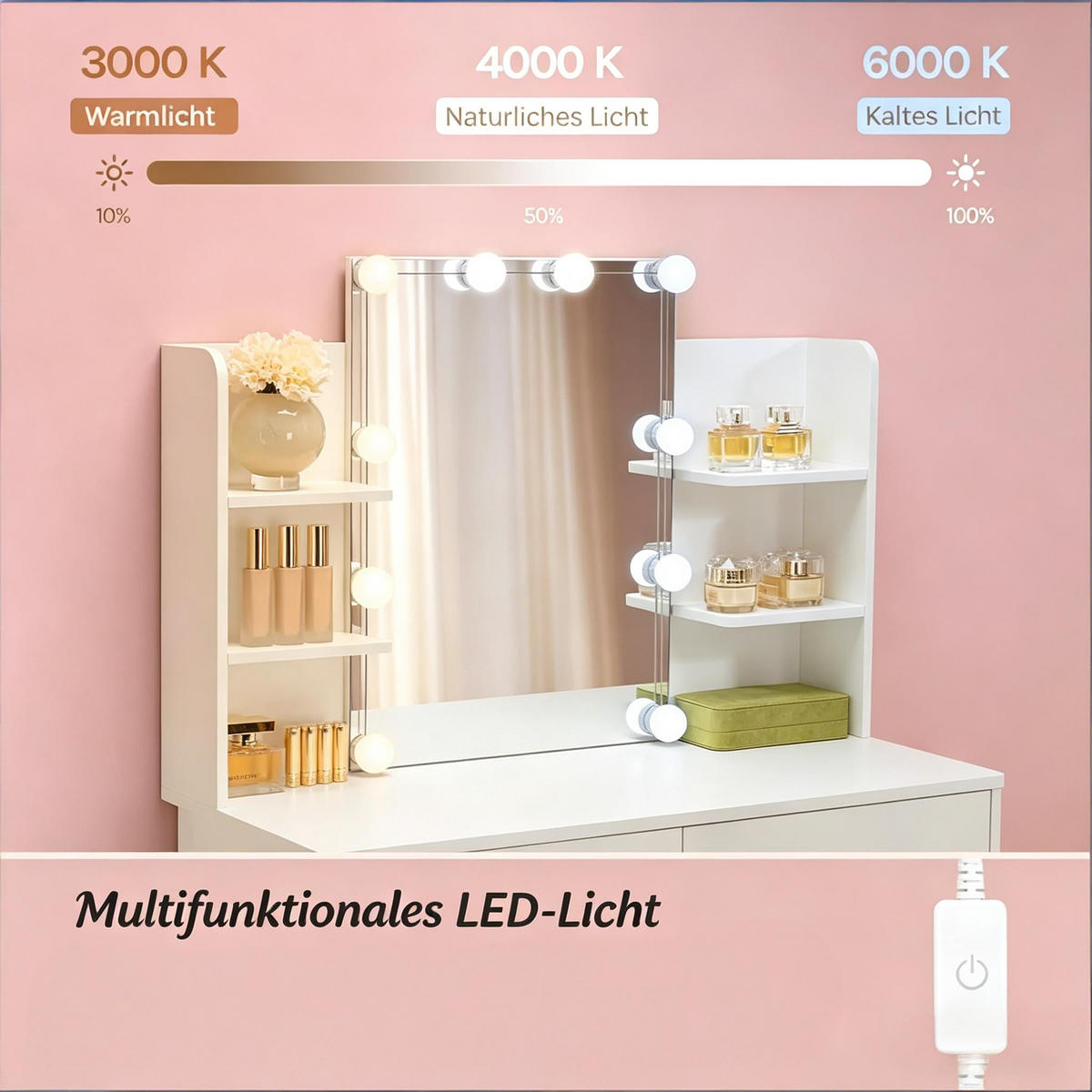 SCHMINKTISCH mit LED-Spiegel und viel Stauraum, weiß, 90×40× - Weiß, Kunststoff (40/135/90cm) - Vallsero