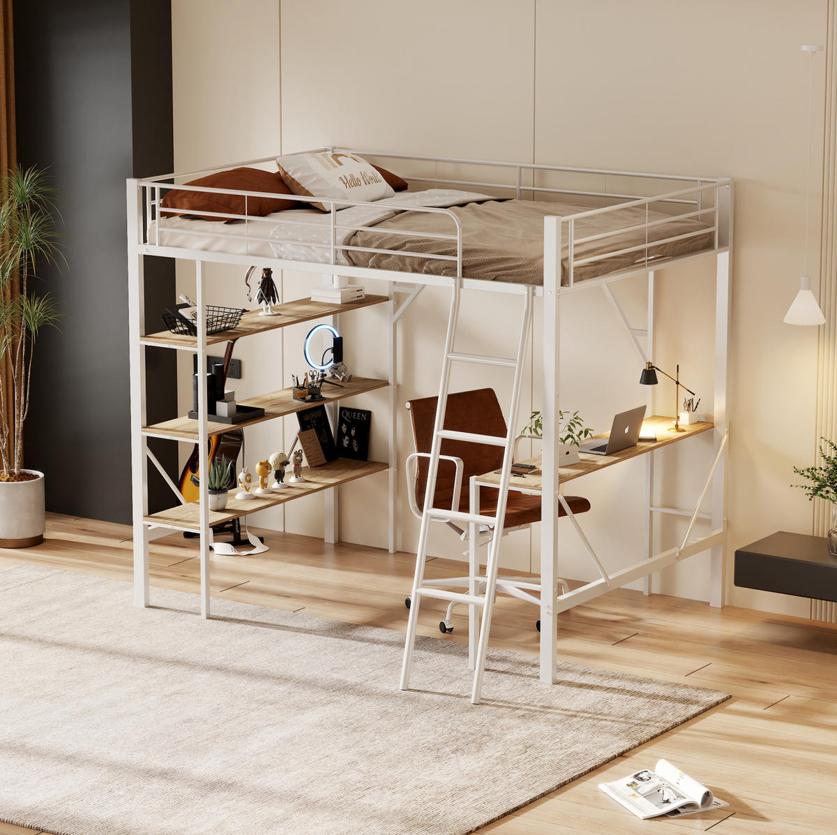 HOCHBETT 90/200 cm mit Schreibtisch und 3 Ablagen, Metall- und MDF-Konstruktion, Sicherheitsgeländer, Weiß - Weiß, Holzwerkstoff (90/200cm) - Redom