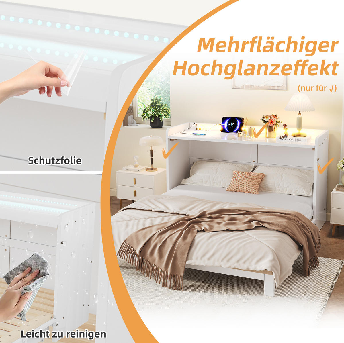 SKLÁPĚCÍ postel 140/200 cm bílá z MDF s LED osvětlením USB a zásuvkou - bílá, kompozitní dřevo (140/200cm) - OKWISH