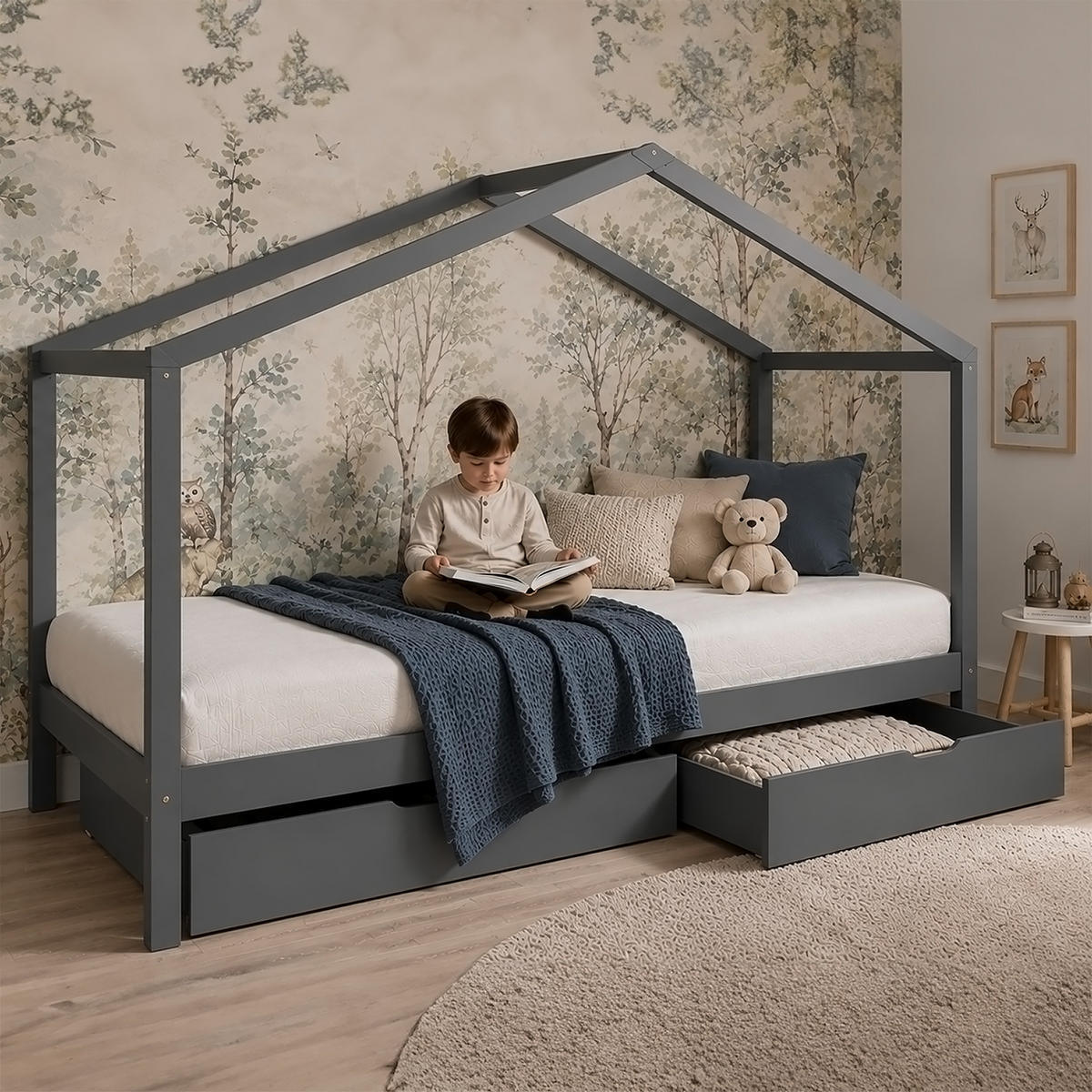 HAUSBETT mit Matratze mit Stauraum 90/200 cm Grau - Grau, Holz (208/160/96cm) - Homestyle4u