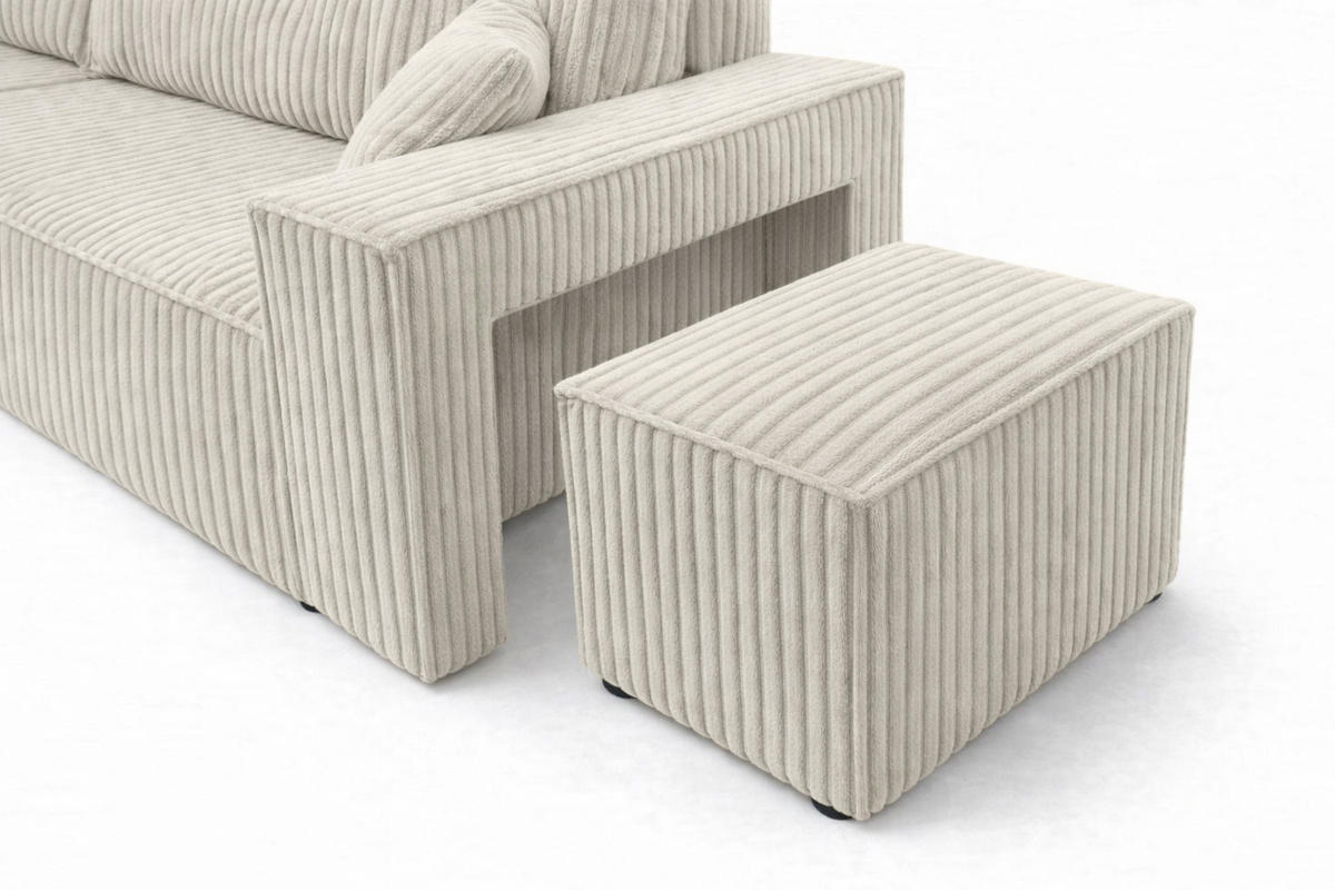 ECKSOFA Mit Schlaffunktion Und Pouf, Cordstoff Tilia, Ecru, Links, Best L Mit Pouf - Ecru, Holz (244/145cm) - Kaiser Möbel
