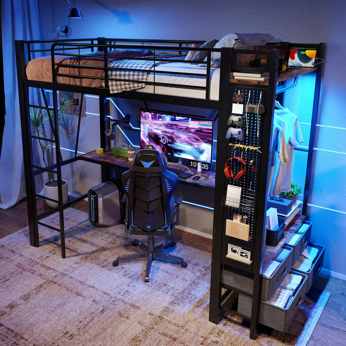 HOCHBETT 90x200cm Schwarz Metall Schreibtisch Trockenstab 4 Schubladen USB-C - Schwarz, Metall (90/200cm) - FLIEKS