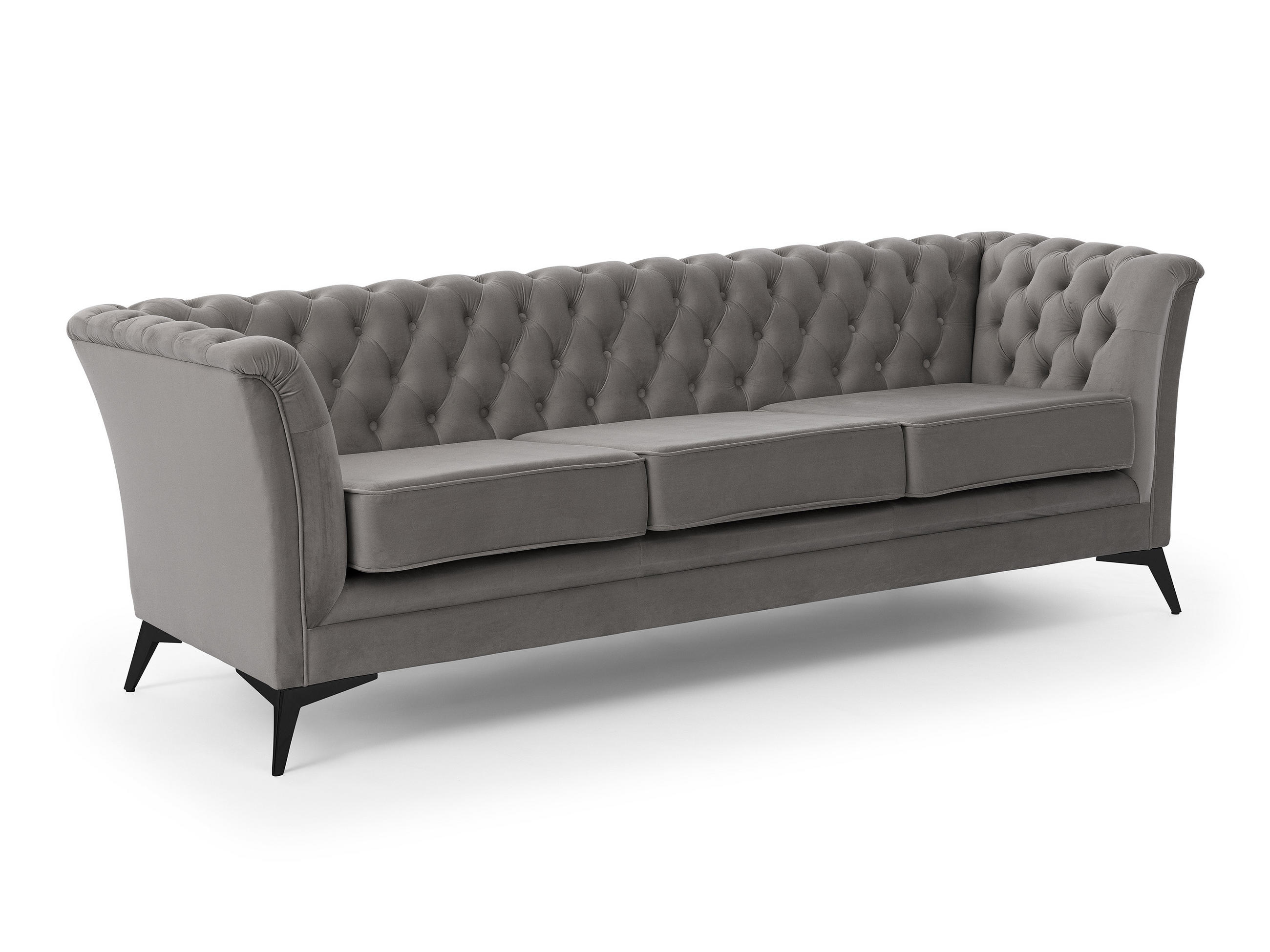 CHESTERFIELD-SOFA 3-sitzer Whitby Grau Samt mit schwarzen Füßen - Schwarz/Grau, Holz/Textil (237/78/82cm) - S-Style Möbel