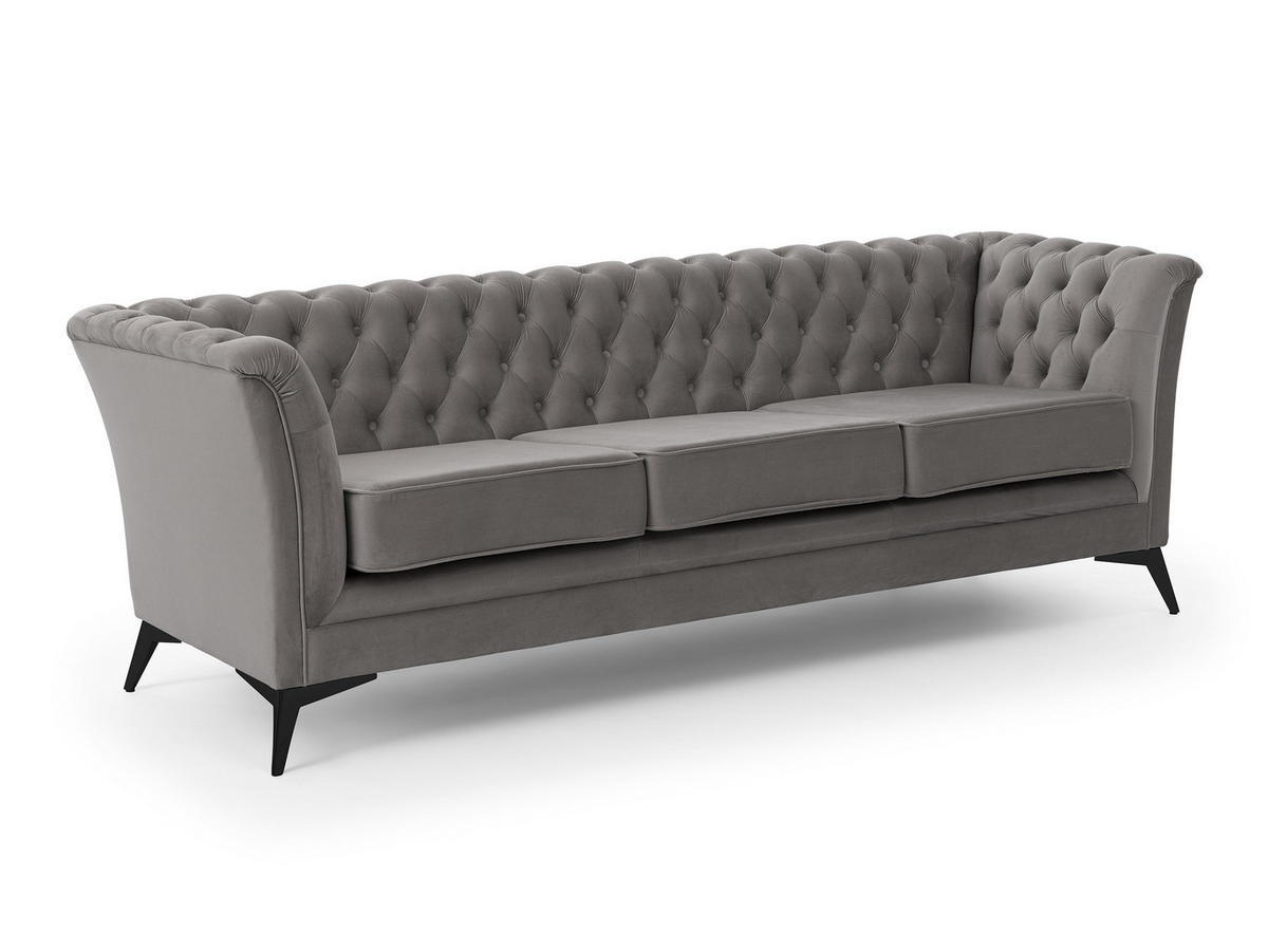 CHESTERFIELD-SOFA 3-sitzer Whitby Grau Samt mit schwarzen Füßen - Schwarz/Grau, Holz/Textil (237/78/82cm) - S-Style Möbel