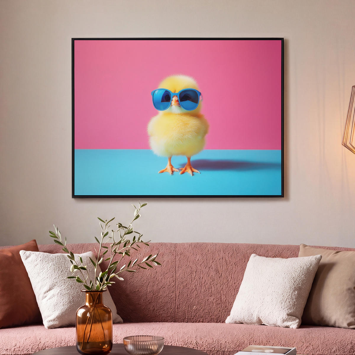 LEINWAND Bilder mit Rahmen - Chick - Sonnenbrille - Blau - 100x70 - Pink, Textil (100/70cm) - MuchoWow