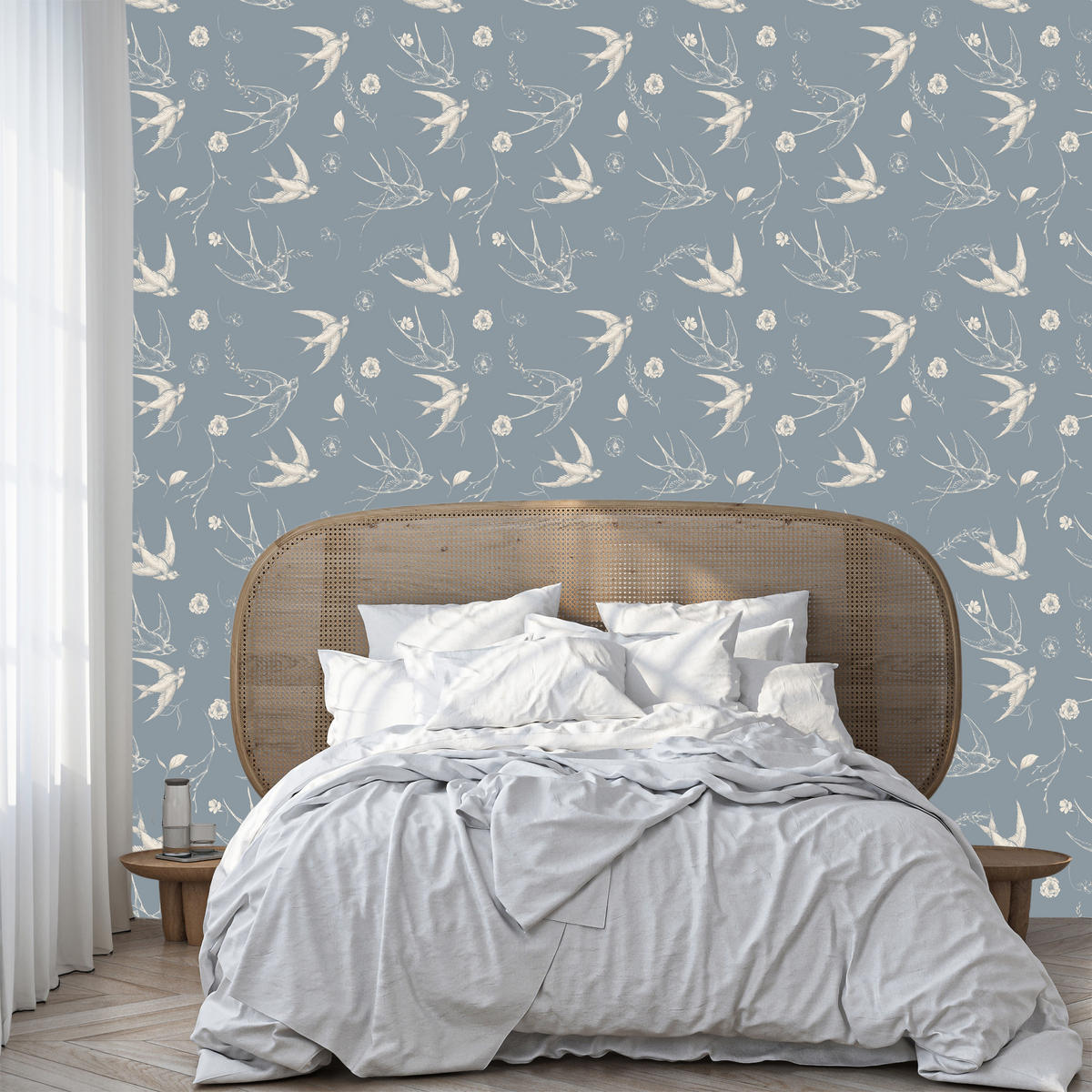 VLIESTAPETE Schwalben und Blüten – Blaugrau, Weiß – 50x1000 cm - Blaugrau/Weiß, Papier (50/1000cm) - Muralo