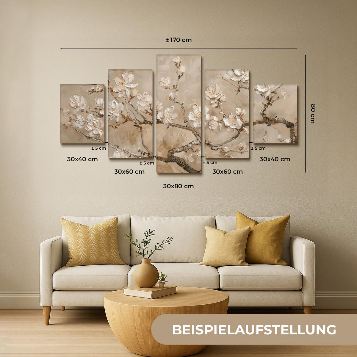 OBRAZ NA PLÁTNĚ 5dílná sada Béžová - Blossom - Moderní 150x80 cm - béžová, textil (150/80cm) - MuchoWow