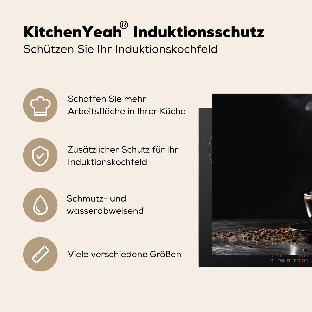 HERDABDECKPLATTE Kaffee - Schwarz - Bohnen - Heiß - Tasse Induktionsmatte 81x52 cm - Schwarz, Kunststoff (81/52/0.2cm) - MuchoWow