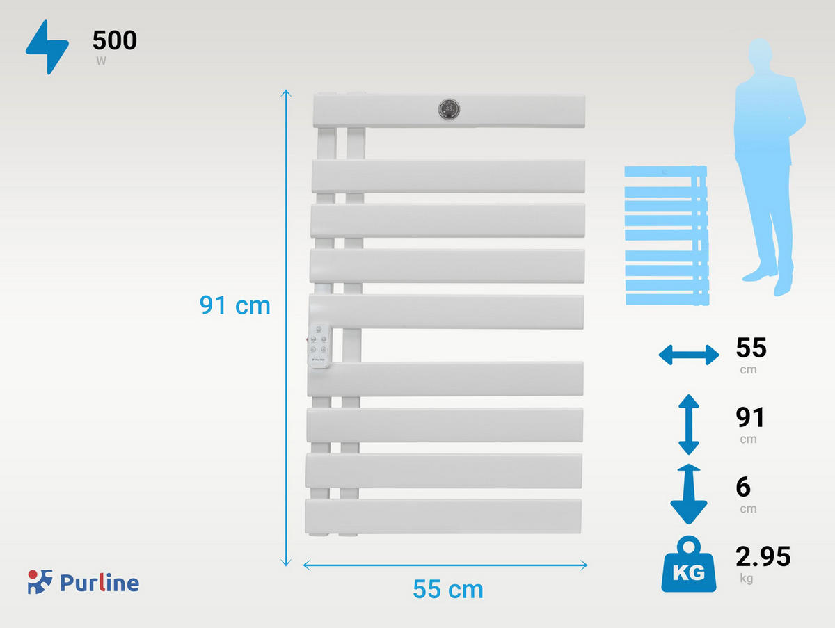 HANDTUCHTROCKNER Weiß mit Elektrosystem und Wandhalterung 500 W - Weiß, Metall (55/91/6cm) - Purline