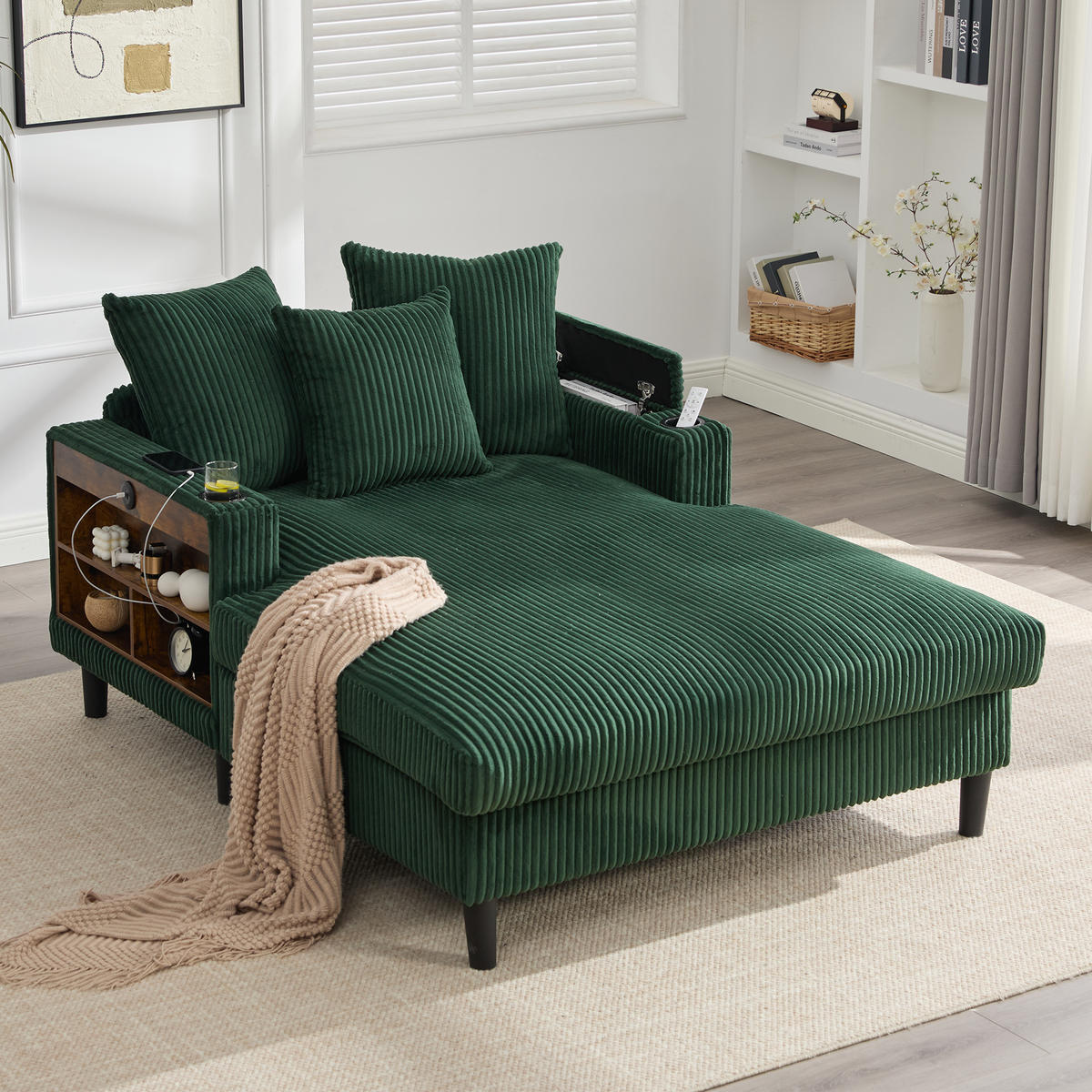 CHAISELONGUE Cord Smaragdgrün mit LED, Stauraum, USB und Becherhaltern - Smaragdgrün, Kunststoff/Textil (129/70/170cm) - WISHDOR
