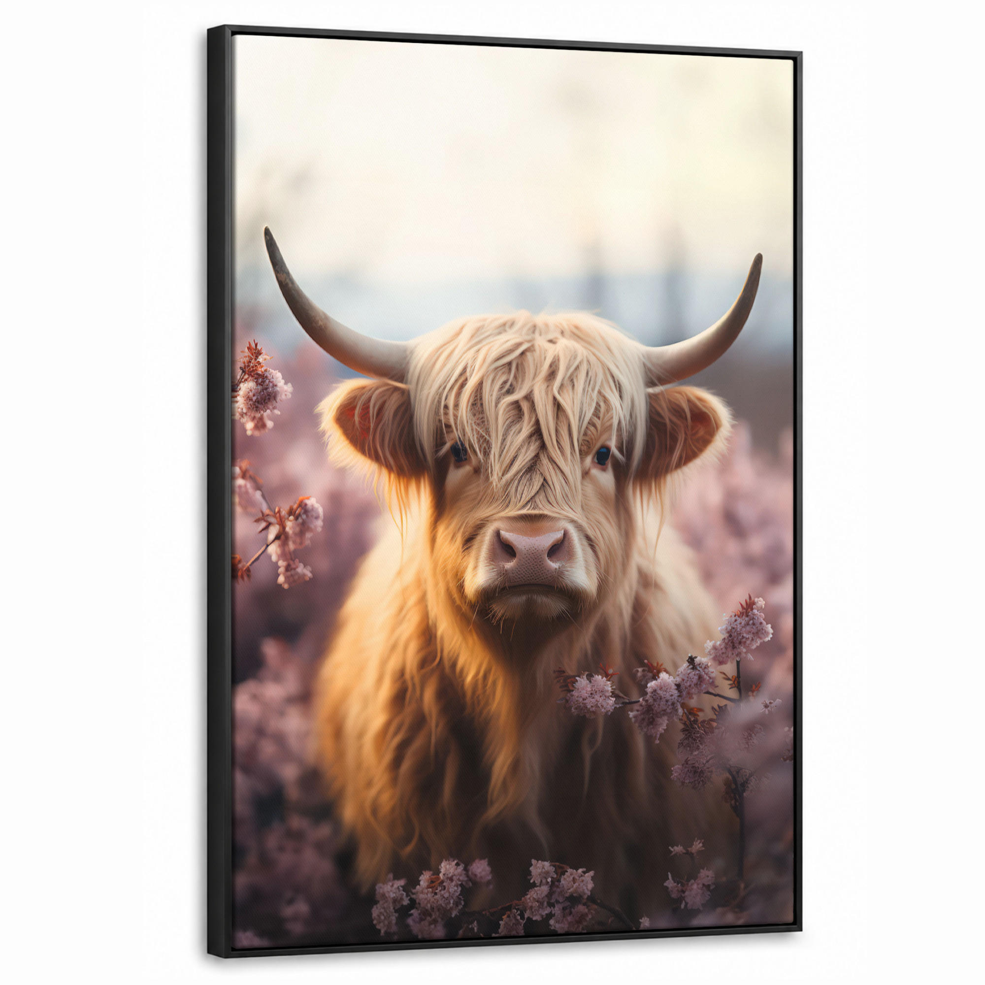 LEINWAND Bilder mit Rahmen - Schottischer Hochländer - Frühling - Hochland - 60x90 - Hellrosa, Textil (60/90cm) - MuchoWow